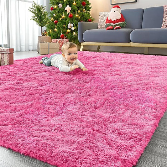 OLANLY 8x10 Machine Washable Large Area Rugs for Living Room, Bedroom, Soft Fluffy Shaggy Bedside Rug, Indoor Floor Carpet for Kids Girls and Boys, Dorms, Nursery, Home Decor Aesthetic, Hot Pink