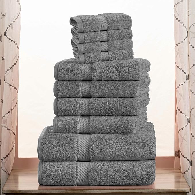 Superior Egyptian Cotton Pile 10 Piece Towel Set, Includes 2 Bath, 4 Hand, 4 Face Towels/Washcloths, Ultra Soft Luxury Towels, Thick Plush Essentials, Guest Bath, Spa, Hotel Bathroom, Charcoal