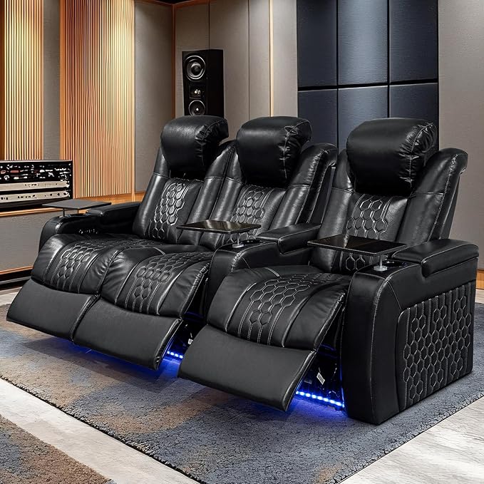 Home Theater Seating, Living Room, Powered Headrest, Powered Lumbar, Italian Leather, Powered Recline, Single Recliner (Coffee Color, Row of 3 Loveseat Left)
