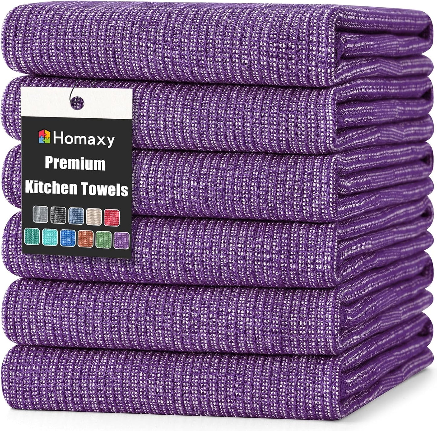 Homaxy Premium Kitchen Towels(18”x 28”, 6 Pack), Large Cotton Kitchen Hand Towels, Flat and Terry Dish Towels, 380 GSM Highly Absorbent Tea Towel Set with Hanging Loop, Purple