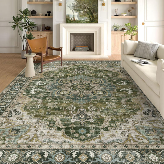 Area Rugs 9x12 Living Room - Large Washable Moss Green Boho Rugs for Bedroom Soft Vintage Rug Ultra-Thin Farmhouse Oriental Carpet Stain Resistant Rug for Dining Room Guest Room Home Decor