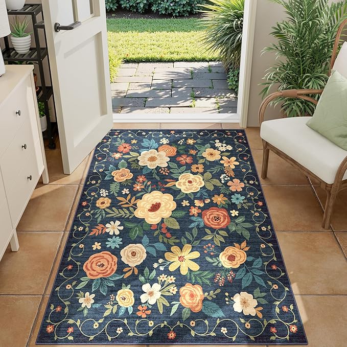 DUKINO 3x4 Area Rug, Lightweight Non Slip Washable Floral Rug, Indoor Low Pile & Non-Shedding Boho Design Carpets for Bedroom, Kitchen, Dining Room, Navy Blue
