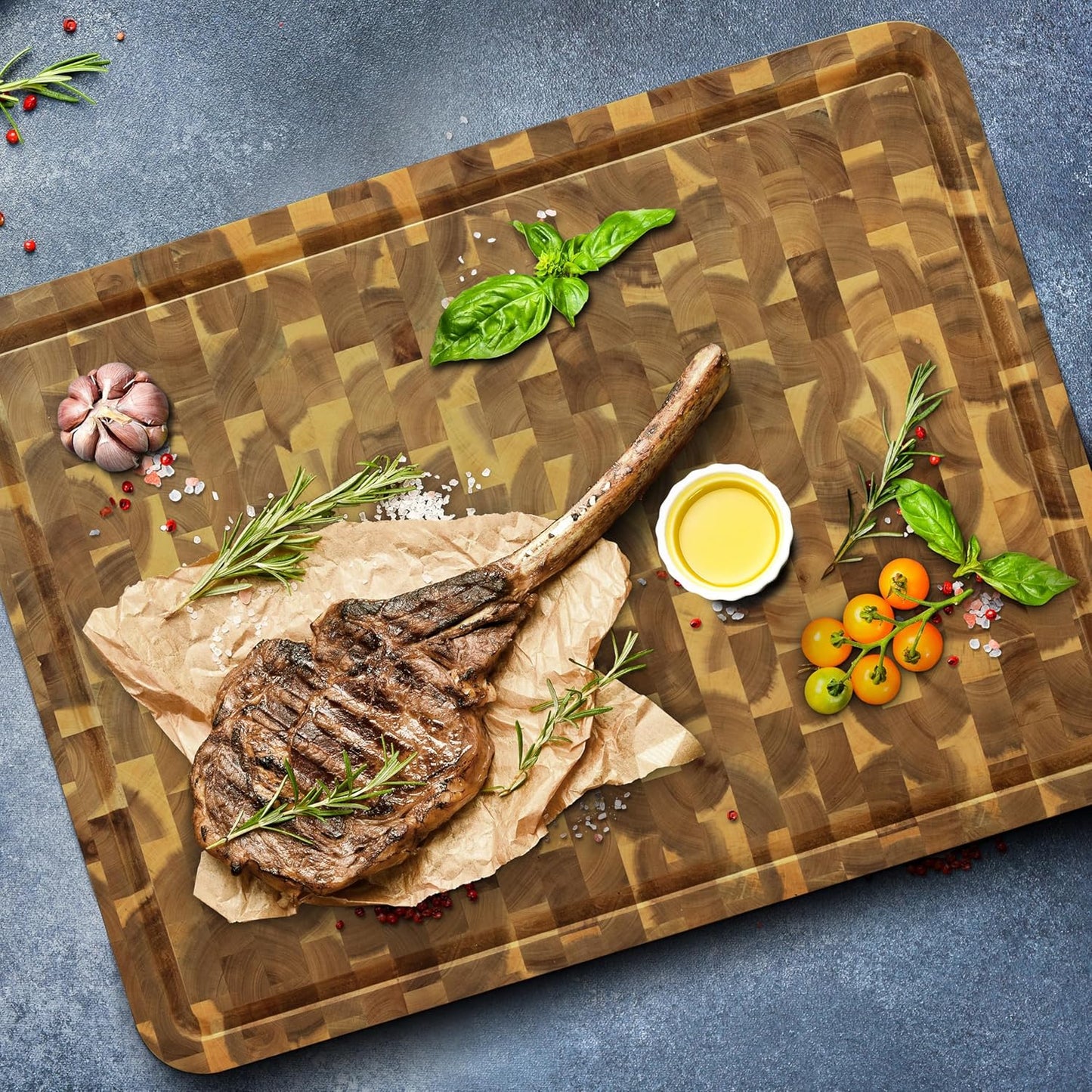 HOMESTEAD End Grain Acacia Wood Cutting Boards 24x18x1.5 – Butcher Block Chopping Board with Sorting Compartment, Juice Grooves & Handles – Non-Toxic Kitchen Board for Food Prep, Home Decor