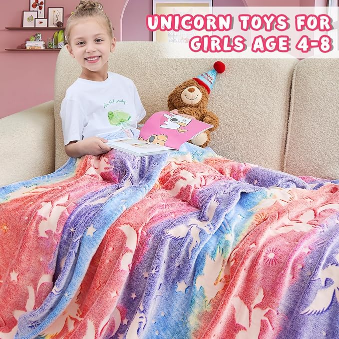 inhand Unicorn Toys Glow in The Dark for Blanket,Unicorn Gifts for Girls Age 1 2 3 4 5 6 7 8 9 10 11 12 13 Birthday Halloween Christmas Cute Soft Room Decor Kids Blanket 50"X60"