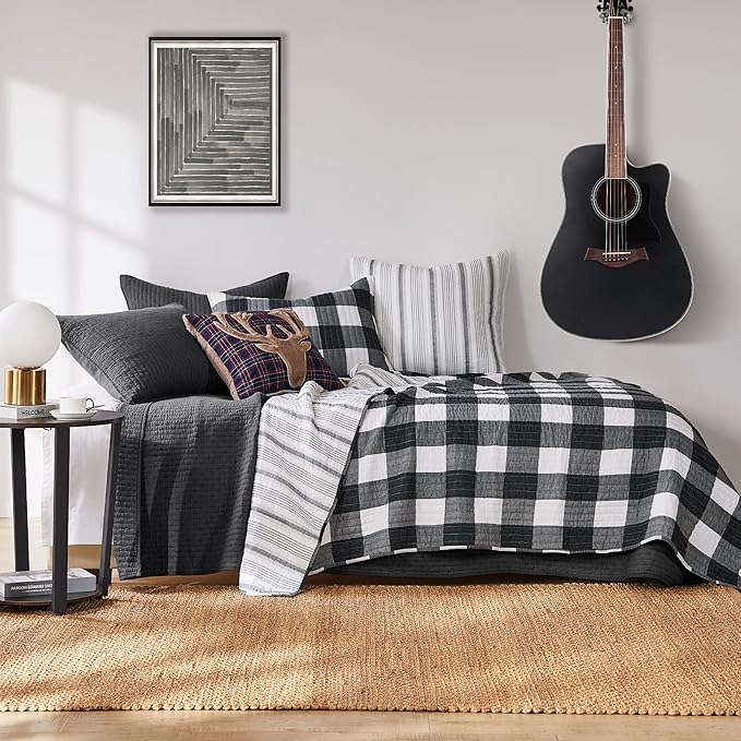 Levtex Home Cross Stitch Reversible Twin XL/Twin Quilt Set (68x86in) and 1 Pillow Sham (26x20in) - Stitch Texture - Charcoal - 0 Cotton Twin/Twin Size Quilt Bedding Set - Lightweight Soft Pre-Washed