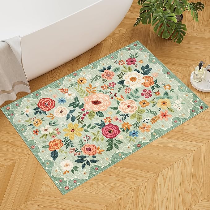 DUKINO 2x3 Rugs for Entryway, Floral Indoor Washable Front Door Mat, Non Slip Boho Small Carpet, Soft Low Pile Throw Rug for Entrance, Bedroom, Kitchen, Laundry, Bathroom, Green