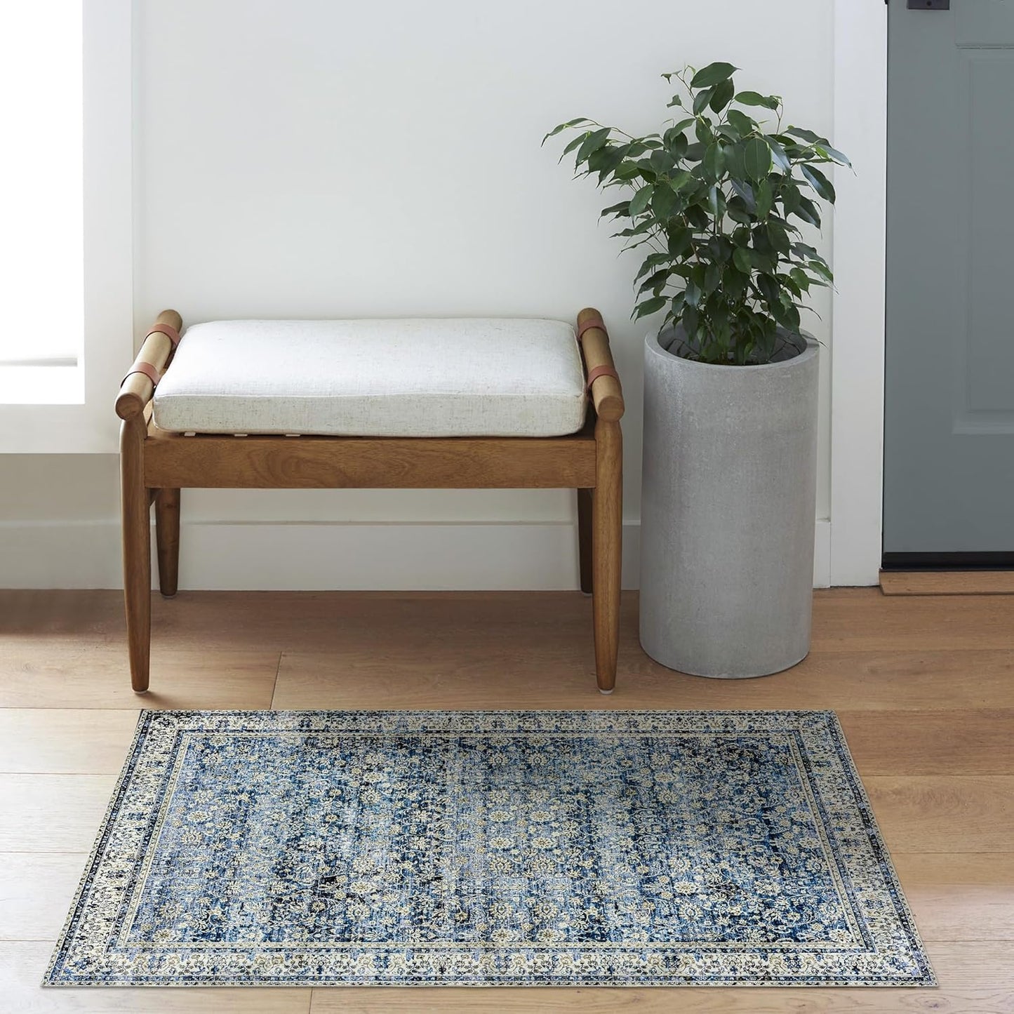 Blue Kitchen Rugs Small Entryway Door Mat Non Slip Washable Boho Vintage Area Rug 2x3