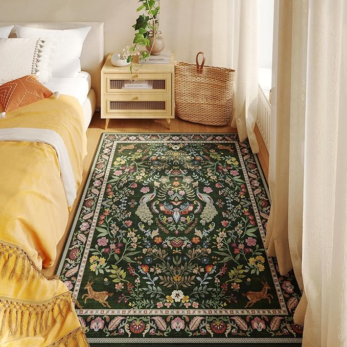 Area Rug 4x6 Rug Washable Rugs Floral Non Slip Low Pile Small Carpet for Bedroom, Bedside, Kids Room, Office, Dining Room (Emerald Green)