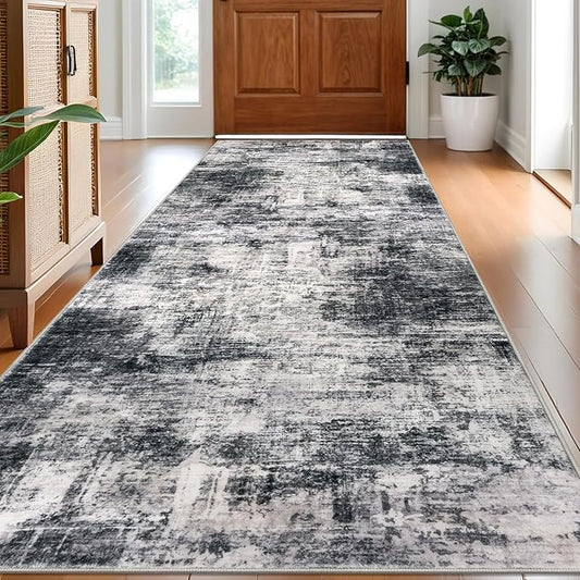 IOHOUZE Abstract Runner Rug 3x8 Ft Washable Runners for Hallways, Non Slip Kitchen Runner Printed Faux Wool Entryway Runner Indoor, Modern Abstract Floor Carpet for Hall Kitchen Bedroom, Black Grey