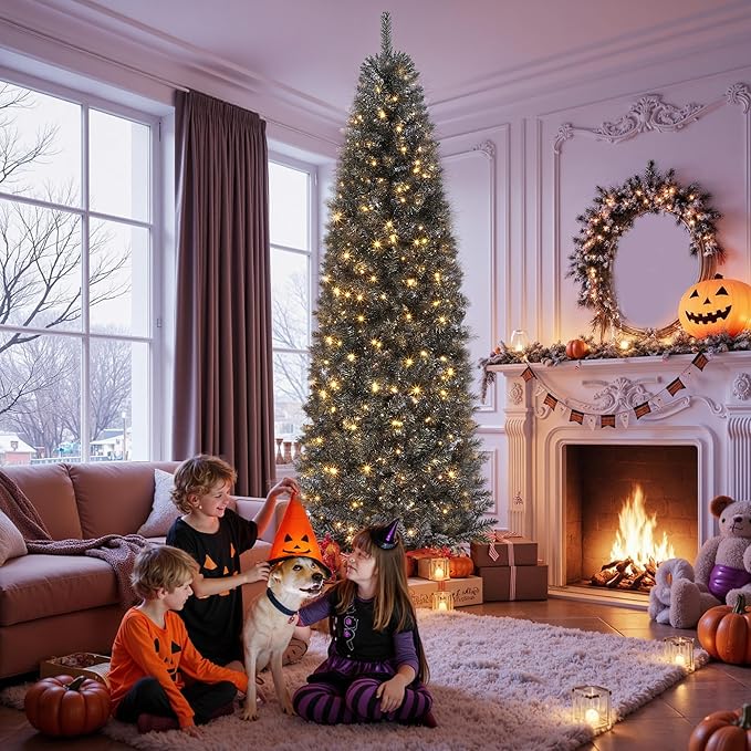 GarveeHome 7.5Ft Prelit Black Christmas Tree with Lights Halloween Tree Slim Artificial Halloween Christmas Tree Artificial Pencil Tree Automatic Branches for Home, Office, Party Decoration