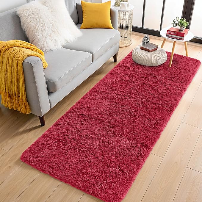 OLANLY 2x5 Machine Washable Runner Rugs for Hallway, Soft Fluffy Shaggy Bedside Rugs for Bedroom, Living Room, Indoor Floor Carpet for Kids Girls and Boys, Nursery Rooms, Home Decor Aesthetic, Red