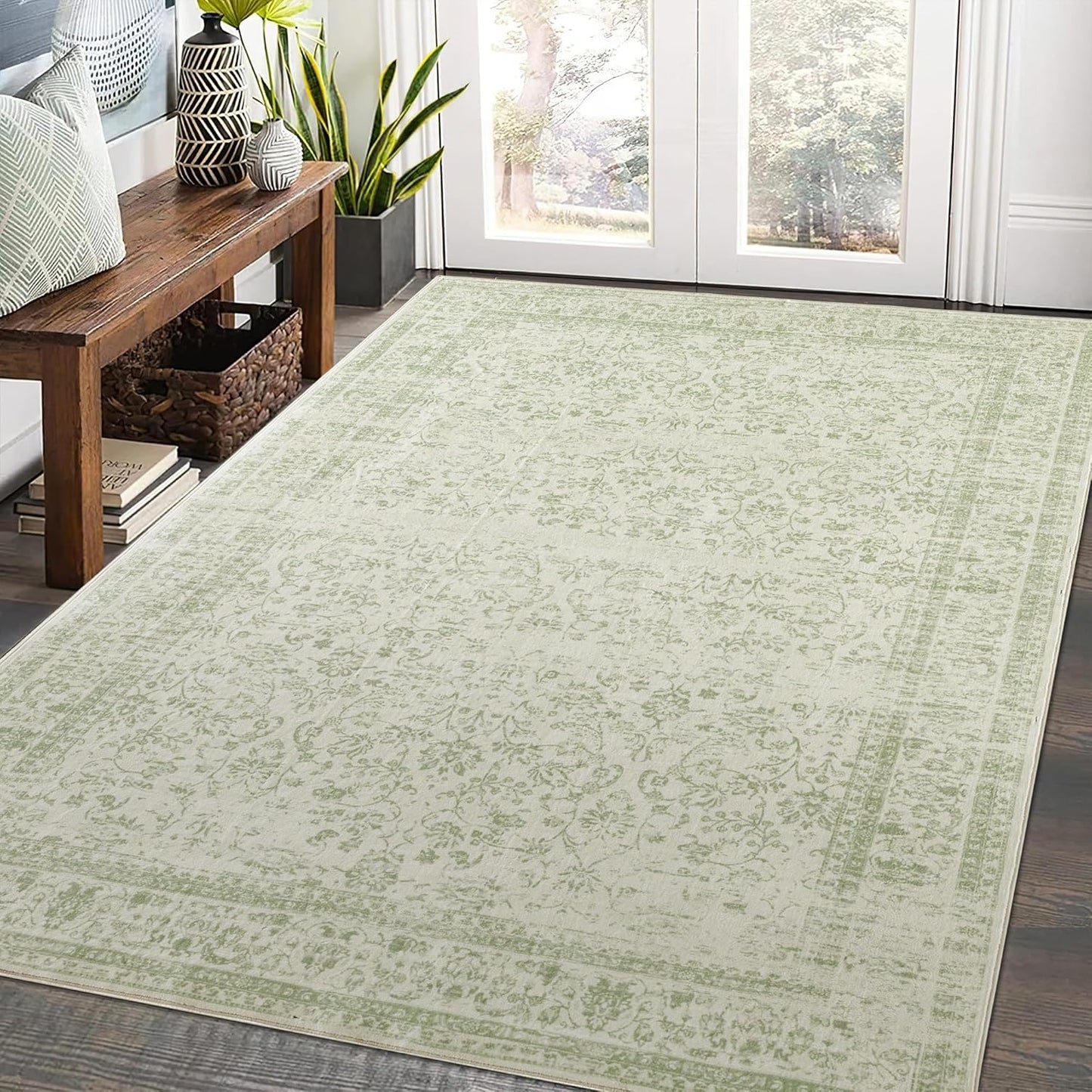 Sage Green Boho Front Door Mat for Indoor Entrance Washable Non Slip Cute Vintage Floral Aesthetic Area Rugs for Entryway Entry 4x6