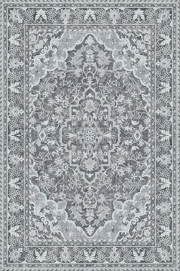 Washable Area Rug 4x6 | Non Slip Area Rug for Living Room, Bedrooms, Dining Room | Ultra-Soft Flannel Carpet Area with Rubber Backing (Light Grey, 4x6)