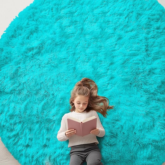 OLANLY Teal Blue Round Rugs for Bedroom - Machine Washable, 9 ft Circle Area Rugs for Living Room, Soft and Fluffy Shaggy Carpet for Teen Girls and Boys, Nursery Rooms, Dorms, Home Decor Aesthetic
