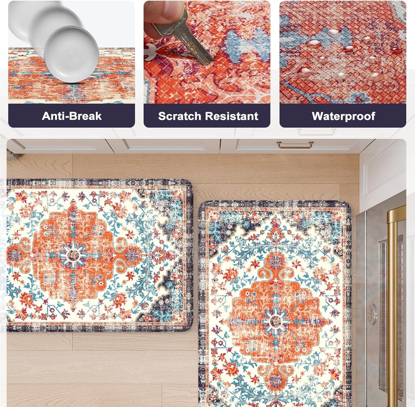 KIMODE Anti Fatigue Kitchen Mats, Boho Vintage Kitchen Rugs - Sets of 2, Cushioned Non Slip Comfort Rugs for Kitchen Floor, Sink, Laundry, Desk - Orange/Purple 20"x47"+20"x32"