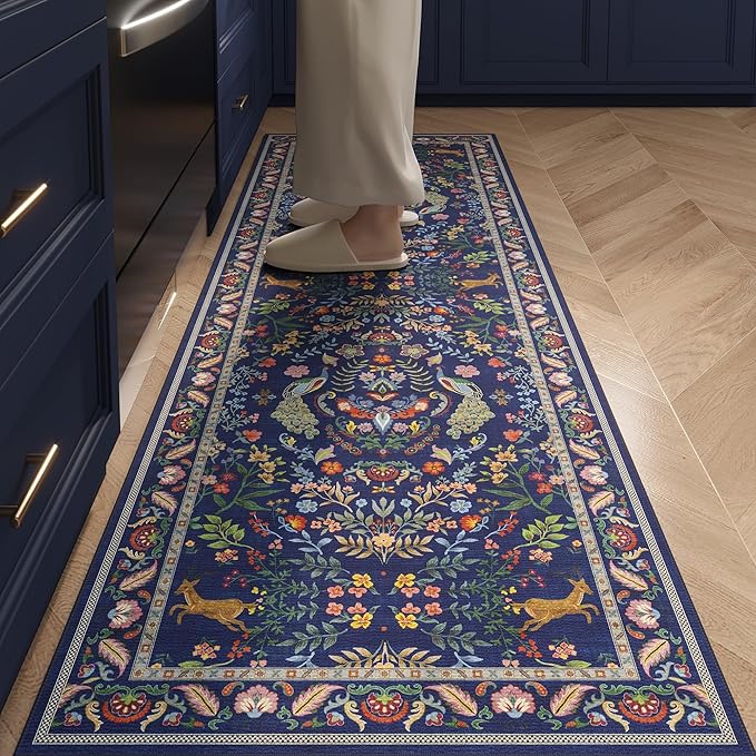 Round Rug 6ft Washable Circle Rug Floral Non Slip Low Pile Small Circular Rug for Bedroom, Bathroom, Entryway, Kids Room, Office(Blue)