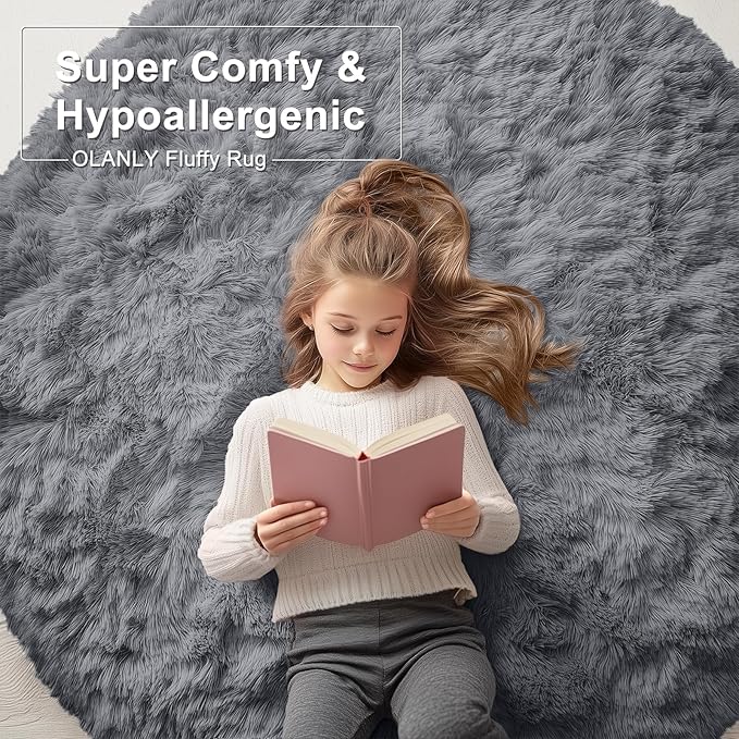 OLANLY Grey Round Rugs for Bedroom - Machine Washable, 6 ft Circle Area Rugs for Living Room, Soft and Fluffy Shaggy Carpet for Teen Girls and Boys, Nursery Rooms, Dorms, Home Decor Aesthetic