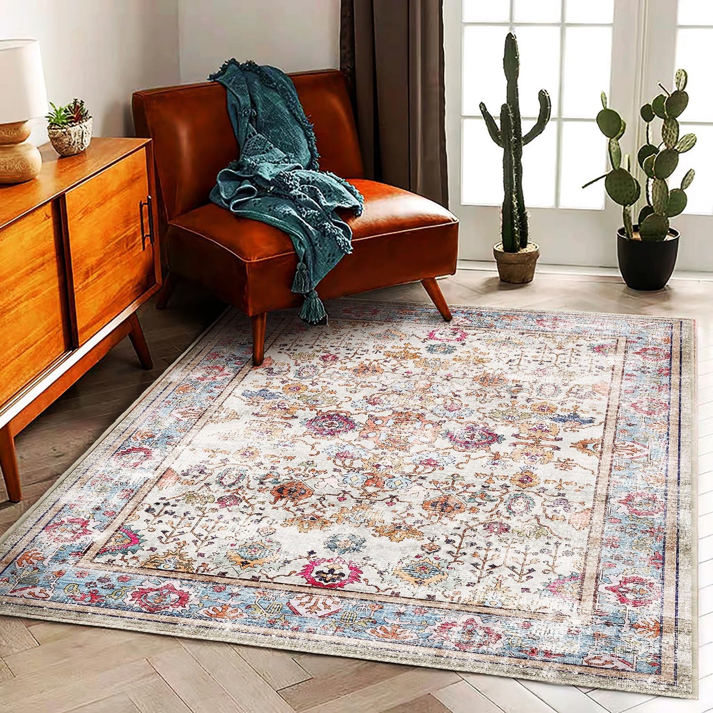 Washable Area Rug Vintage 6'x9' Light Traditional Floor Cover Thin Rug Retro Kitchen Indoor Distressed Non Slip Carpet Floral Print Mat Living Room Bedroom Dining Room