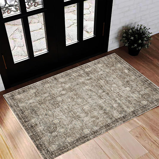 Washable Area Rug 2'x3' Door Mat Vintage Distressed Doormat Indoor Entrance Traditional Thin Rug Floral Print Non Slip Carpet for Kitchen Bathroom Bedroom Living Room