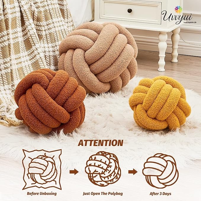 Uvvyui Knot Pillow Ball, Soft Home Decorative Pillows, Round Throw Pillow, Handmade Knotted Plush Pillow, Round Boucle Pillow Cushion (11 Inches Caramel)