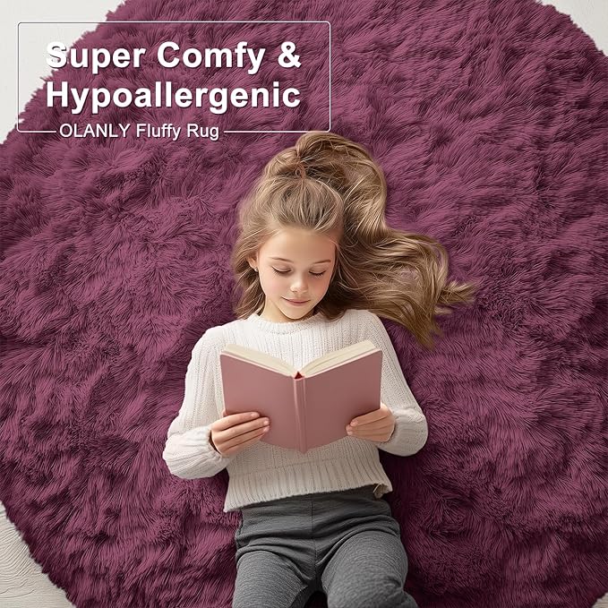 OLANLY Burgundy Round Rugs for Bedroom - Machine Washable, 4 ft Circle Area Rugs for Living Room, Soft and Fluffy Shaggy Carpet for Teen Girls and Boys, Nursery Rooms, Dorms, Home Decor Aesthetic