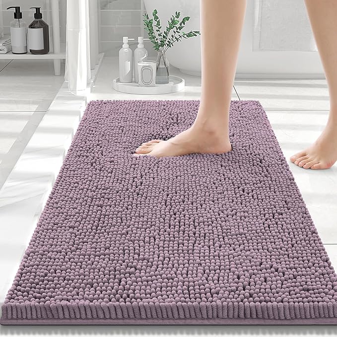 Smiry Luxury Chenille Bathroom Rugs 30x20, Extra Soft and Absorbent Shaggy Bath Mat, Machine Washable, Non-Slip Plush Carpet Runner for Tub, Shower, and Floor, Home Decor Accessories, Deep Plum