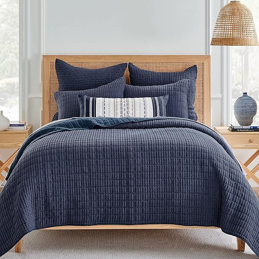 Levtex Home Mills Waffle King/Cal King Quilt Set (106x92in) with 2 Pillow Shams (36x20in) - Navy - 100% Cotton King Size Quilt Bedding Set - Lightweight, Soft, Pre-Washed