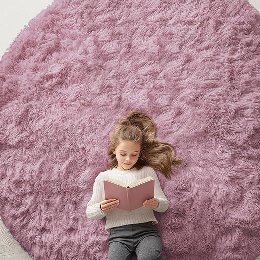 OLANLY Blush Round Rugs for Bedroom - Machine Washable, 8 ft Circle Area Rugs for Living Room, Soft and Fluffy Shaggy Carpet for Teen Girls and Boys, Nursery Rooms, Dorms, Home Decor Aesthetic