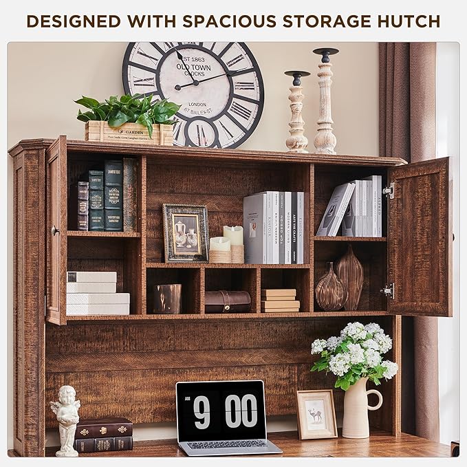 T4TREAM 59" Farmhouse Executive Desk with Hutch,Wood Home Office Computer Desk, Featuring Keyboard Tray,Charging Station,File Drawer, Storage Cabinet,for Work and Study (Reclaimed Barnwood)