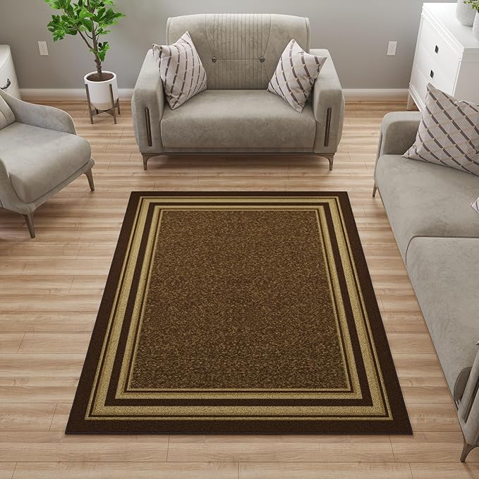 Ottomanson 5' x 6'6" Rugs for Living Room Border Area Rug for Bedroom - Non Slip Durable Large Floor Carpet for High Traffic Areas - Indoor Rug for Dining Room Kitchen Kids Playroom, Brown