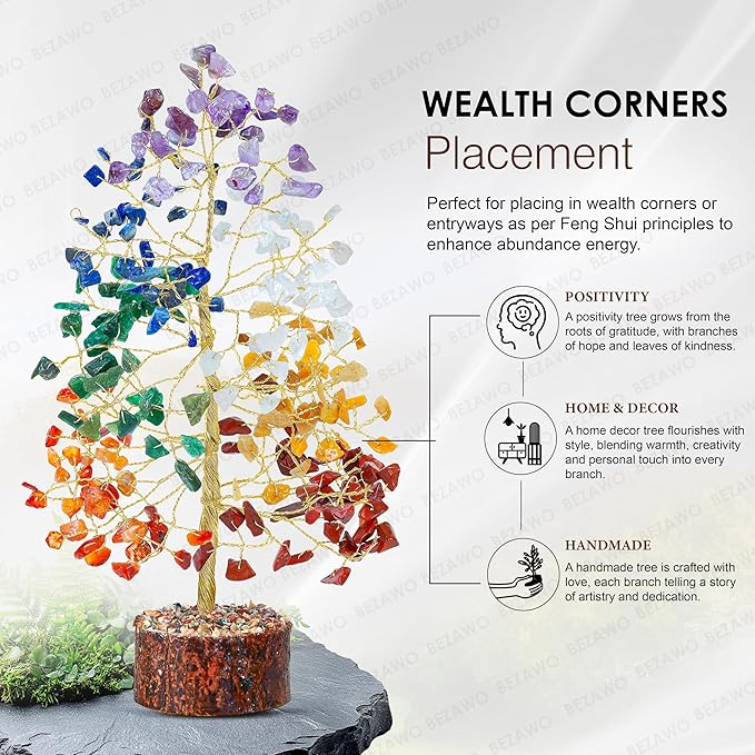 7 Chakra Tree of Life - Crystal Tree of Life, Gemstone Tree for Positive Energy, Feng Shui Tree Decor, Seven Chakra Tree, Money Tree Bonsai, Crystal Healing Stone Tree, Spiritual Gift Home Decor 10"