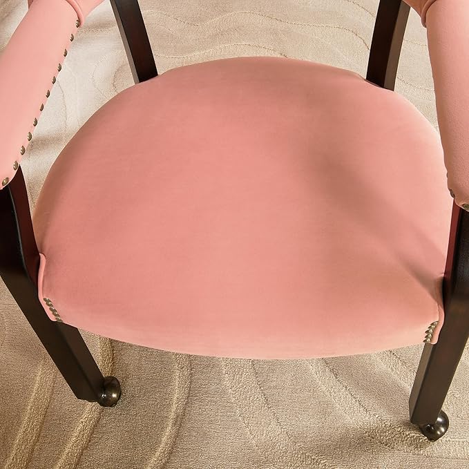 MODERION Dinning Chairs with Wheels and Arms Set of 4, Solid Wood Office Desk Chairs with Frosted Velvet Upholstered, Classic Swivel Accent Chairs, 31.5" H Boss Caption's Chair, Pink, XXY-HT22-PI