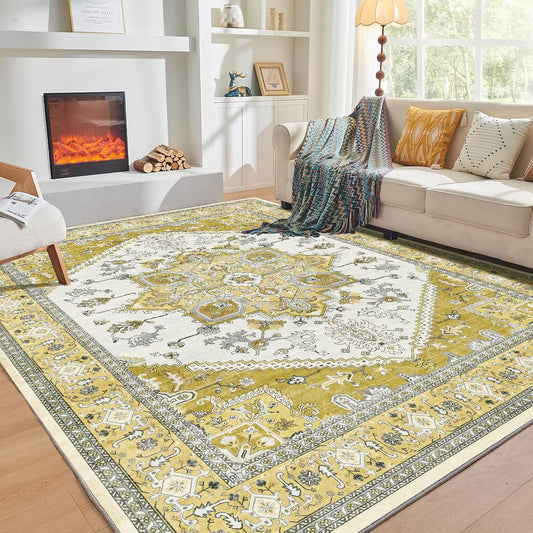 OPPODREAM Soft Area Rugs 9x12 Living Room, Washable Rugs 9x12 with Non Slip Backing, Faux Cashmere Low-Pile 9 x 12 Carpet, Yellow