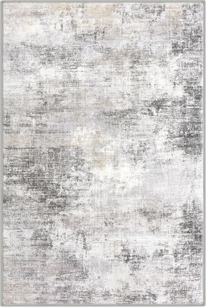 IOHOUZE Abstract Area Rug 3x5 Ft Washable Rugs for Entryway Indoor, Non Slip Kitchen Rug Printed Faux Wool Throw Rugs, Indoor Door Mat for Door Entrance Foyer Living Room, Grey Beige