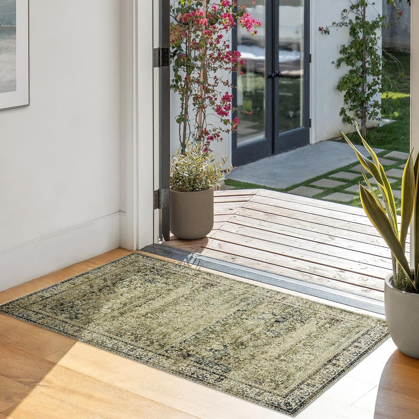 Throw Rugs 2x3,Non Slip Washable Vintage Floral Boho Accent Soft Thin Small Area Rug for Sink Area Bathroom Bedroom 24 x 36,Olive Green and Beige