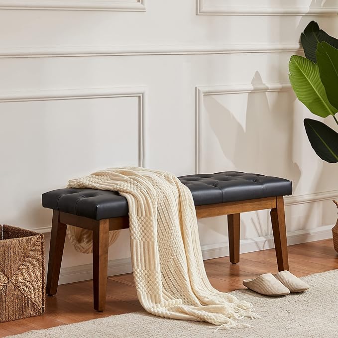 HUIMO Entryway Bench, Black Leather, Solid Wood, Durable and Wear-Resistant