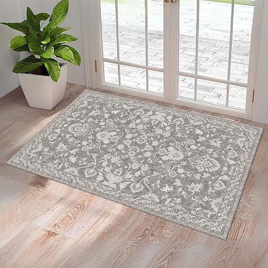 Washable Entryway Rug 3x5 | Non Slip Rug Runners for Hallways, Entryways, Kitchens, Bathrooms, Bedrooms | Ultra-Soft Flannel Carpet Kitchen Rug with Rubber Backing (Floral Taupe, 3x5)