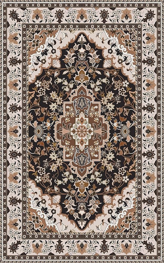 Washable Area Rug 5x8 | Non Slip Area Rug for Living Room, Bedrooms, Dining Room | Ultra-Soft Flannel Carpet Area with Rubber Backing (Cream Black Brown, 5x8)