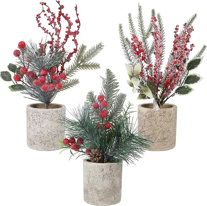 winemana Mini Christmas Tree Table Decorations Indoor, 3 Pcs Small Artificial Xmas Trees Decoration with Red Berries Pine Cone for Centerpiece Kitchen Office Tabletop Home Holiday Decor