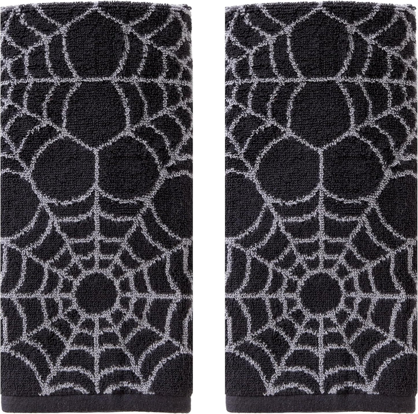 SKL Home Halloween Spider Web 100% Cotton Jacquard 2pc Hand Towel Set, Reversible, Soft & Absorbent, Decorative for Bath/Kitchen/Bar & Gift, Black