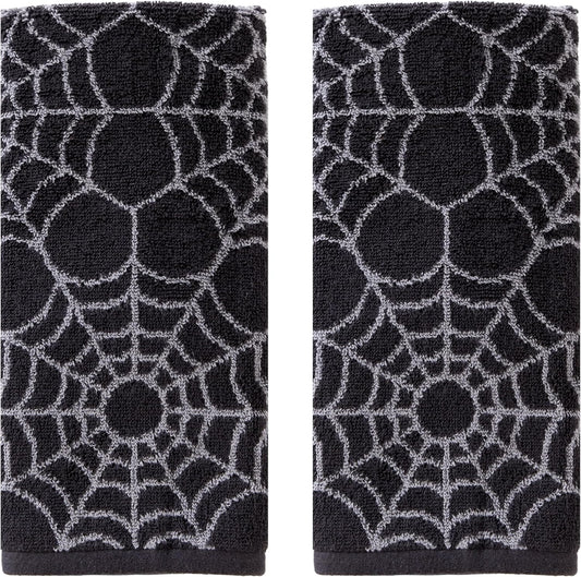 SKL Home Halloween Spider Web 100% Cotton Jacquard 2pc Hand Towel Set, Reversible, Soft & Absorbent, Decorative for Bath/Kitchen/Bar & Gift, Black