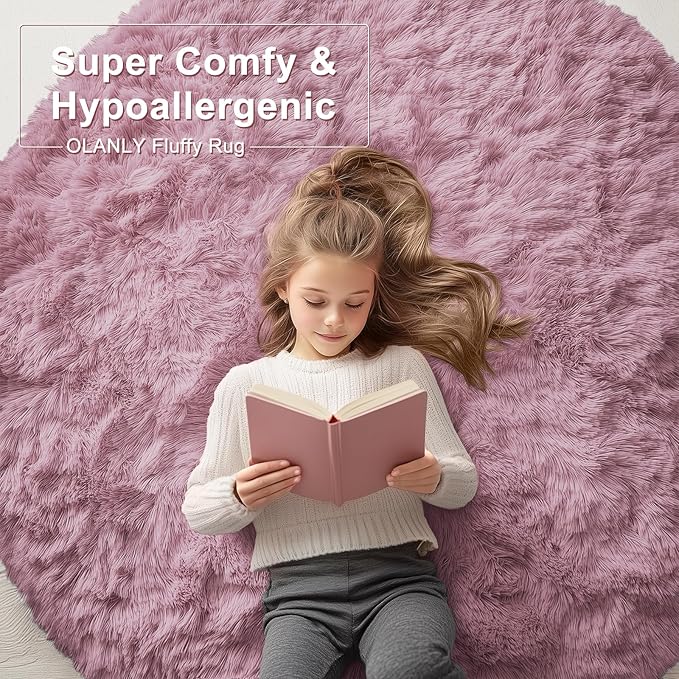 OLANLY Blush Round Rugs for Bedroom - Machine Washable, 3 ft Circle Area Rugs for Living Room, Soft and Fluffy Shaggy Carpet for Teen Girls and Boys, Nursery Rooms, Dorms, Home Decor Aesthetic