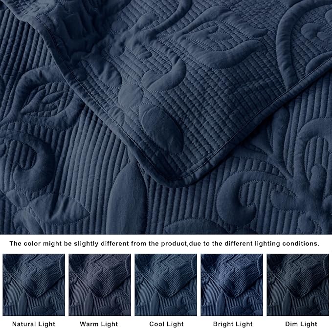 Navy Blue Damask Quilt Queen Size Bedding Sets with 2 Pillow Shams, Boho Bedspread Lightweight Soft Farmhouse Vintage Bohemian Coverlet Retro Jacquard Pattern Bed Cover for All Season, 3 Pieces