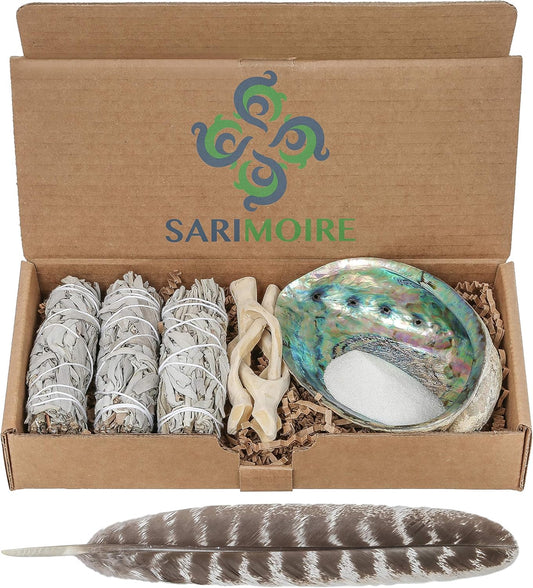 Sage Smudge Kit - White Sage Smudge Sticks - 4in ~ Abalone Shell 5-6in ~ 2in Tripod Stand ~ 9-12in Feather and White Sand