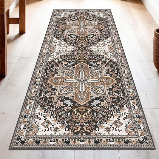 Washable Runner Rug 2.5x8 | Non Slip Rug Runners for Hallways, Entryways, Kitchens, Bathrooms, Bedrooms | Ultra-Soft Flannel Carpet Runners with Rubber Backing (Black Brown Cream, 2.5x8)