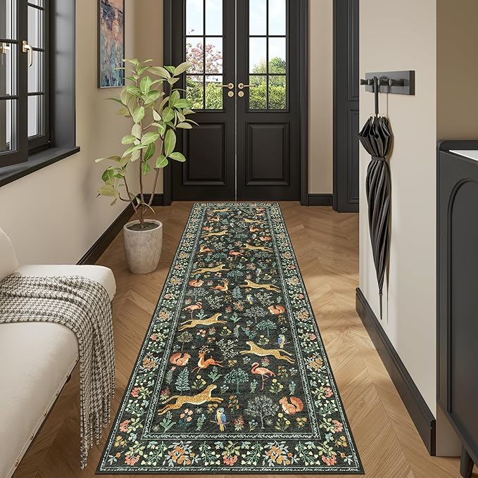 DUKINO 2.6x8 Rug for Hallway, Washable Kitchen Runner Rug with Non Slip Backing, Soft Low Pile Vintage Animal Runner for Bedroom, Kitchen, Hallway, Entryway, Laundry, Black