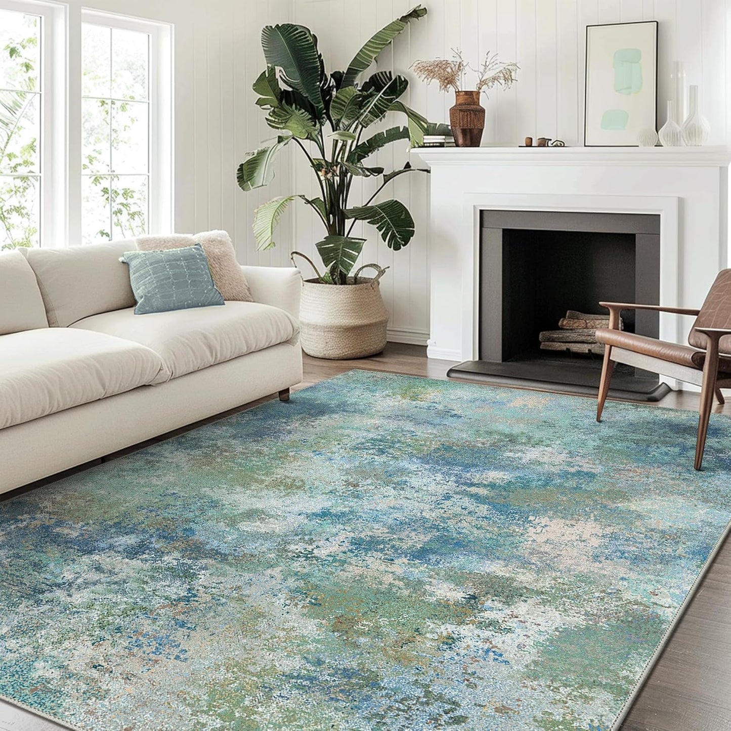 Area Rugs 9x12 Machine Washable Area Rug for Bedroom Living Room Dining Room, Large Modern Abstract Soft Rugs, Indoor Low Pile Carpet with Non Slip Rubber Backing, Abstract Blue Green