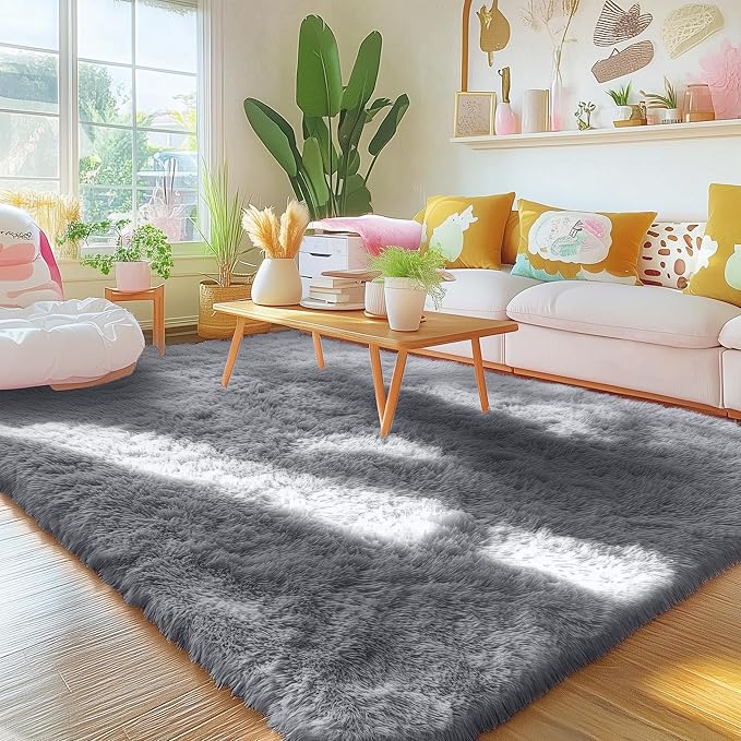 OLANLY Area Rugs for Living Room Bedroom, Machine Washable 4x5.9 ft Soft Fluffy Shaggy Bedside Rug, Indoor Floor Carpet for Kids Girls and Boys, Dorms, Nursery Rooms, Home Decor Aesthetic, Light Grey
