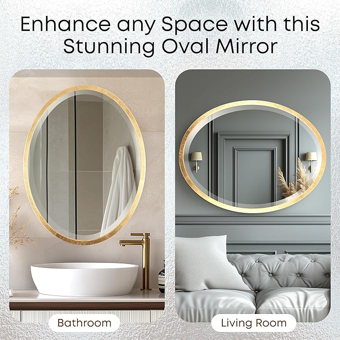 OVALCREST - Oval Wooden Beveled Wall Mirror for Home Decor, Bathroom, Vanity, Bedroom, Living Room, Hallway - London Style (Gold Leaf) 17.1 x 21.1