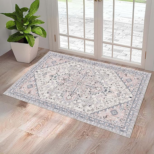 Washable Entryway Rug 3x5 | Non Slip Rug Runners for Hallways, Entryways, Kitchens, Bathrooms, Bedrooms | Ultra-Soft Flannel Carpet Kitchen Rug with Rubber Backing (Beige Blue, 3x5)